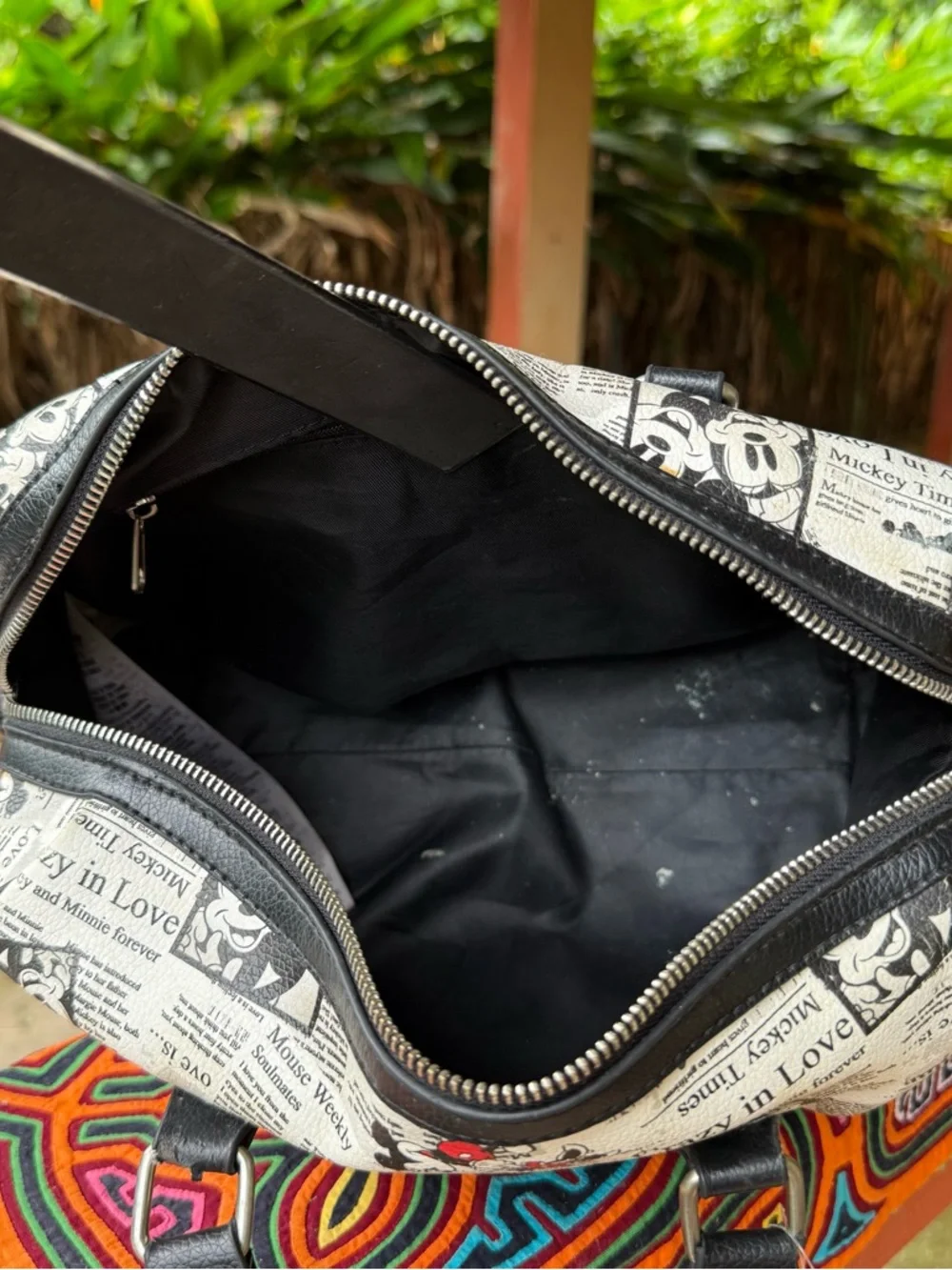 Disney Mickey Minnie‎ Newspaper Print Satchel Handbag Black White Bowling Bag